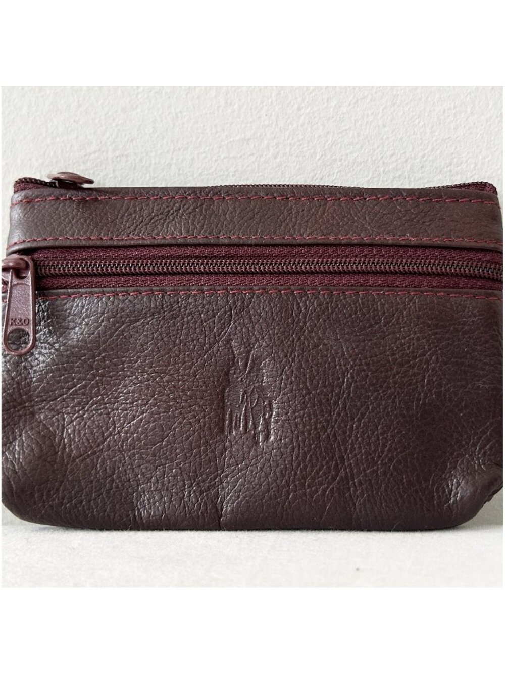 Vintage Burgundy Leather Coin Pouch Wallet Embossed Logo Zipper Close
